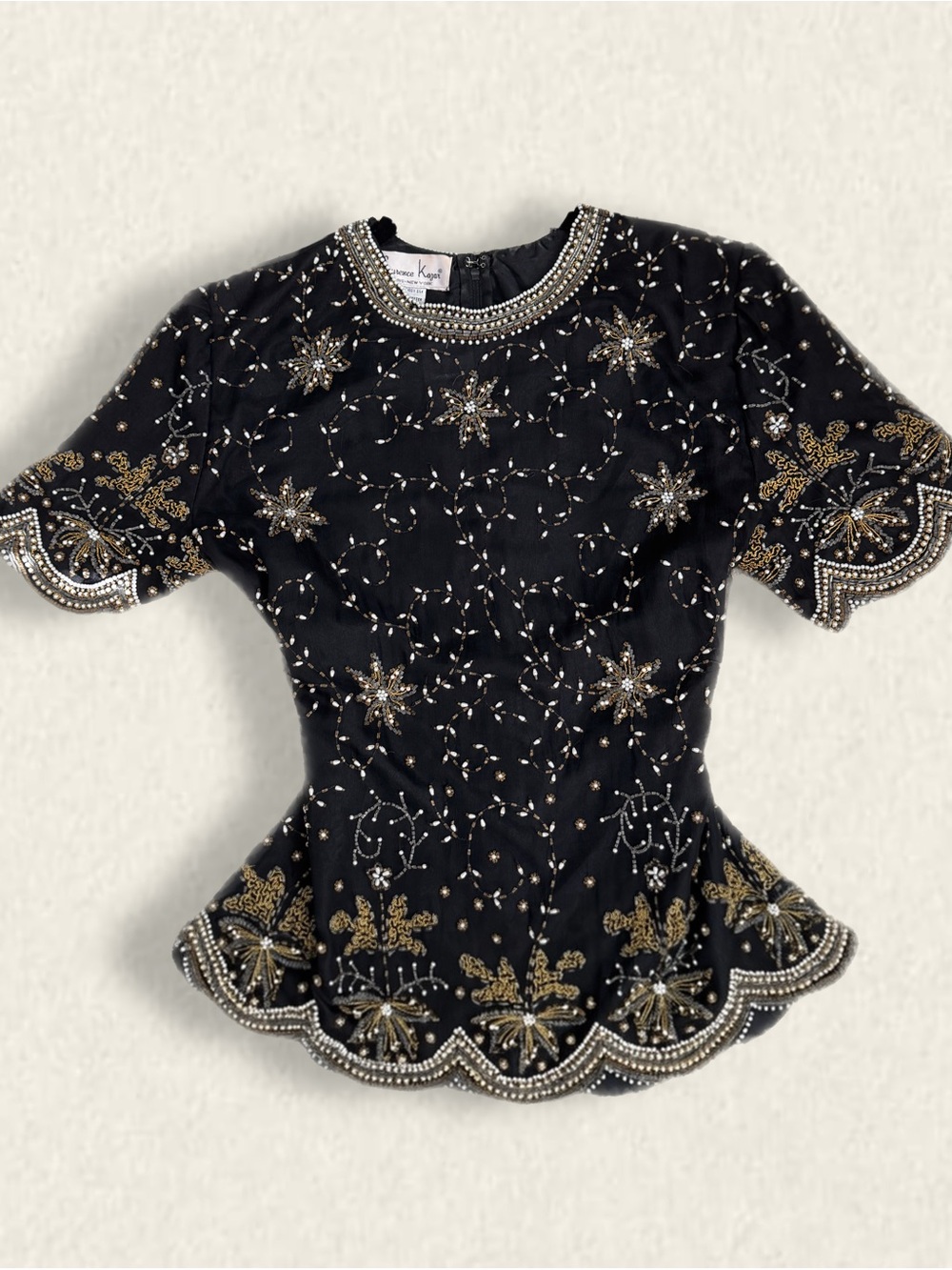 Laurence Kazar Embroidered Black Beaded Short-Sleeve Top